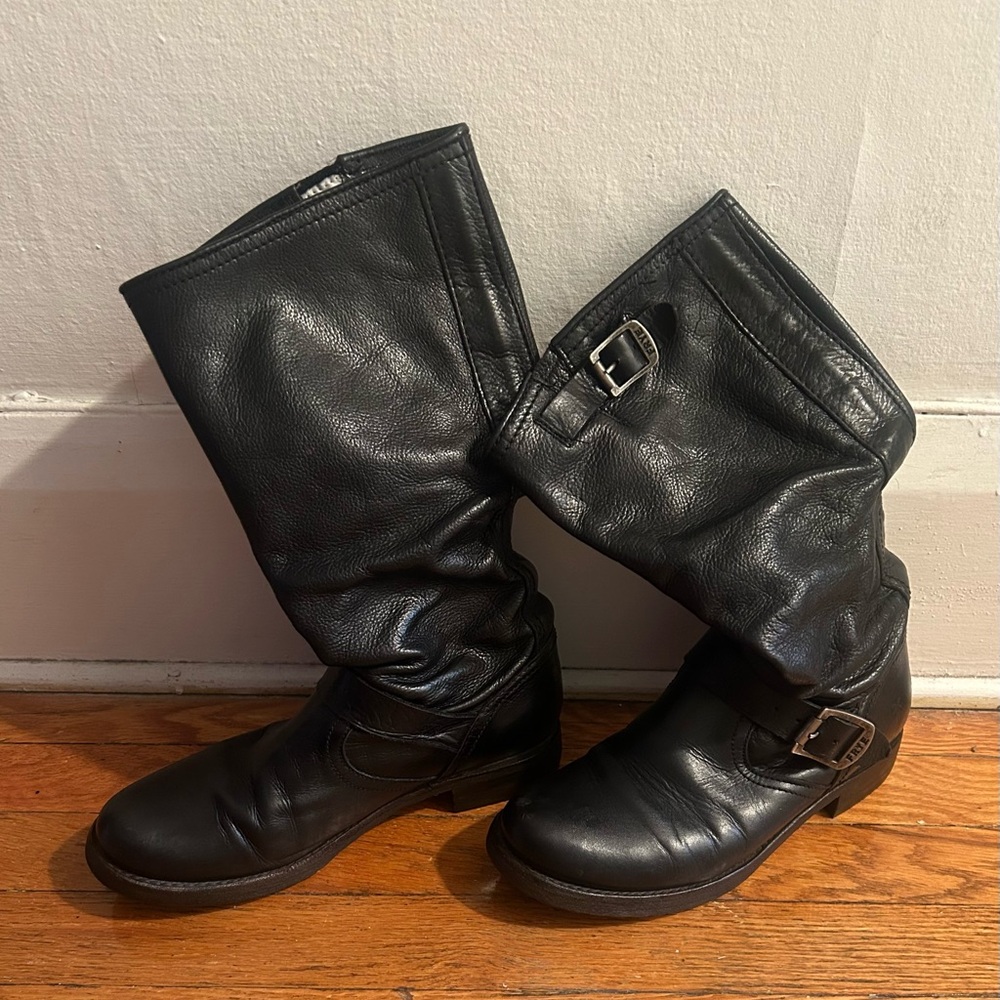 Frye Black Leather Mid-Calf Moto Boots with Buckles